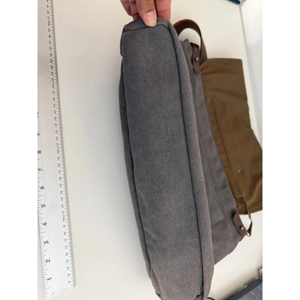 Canvas Messenger Bag Laptop Crossbody Charcoal Gray Brown Trim Work Travel Bag